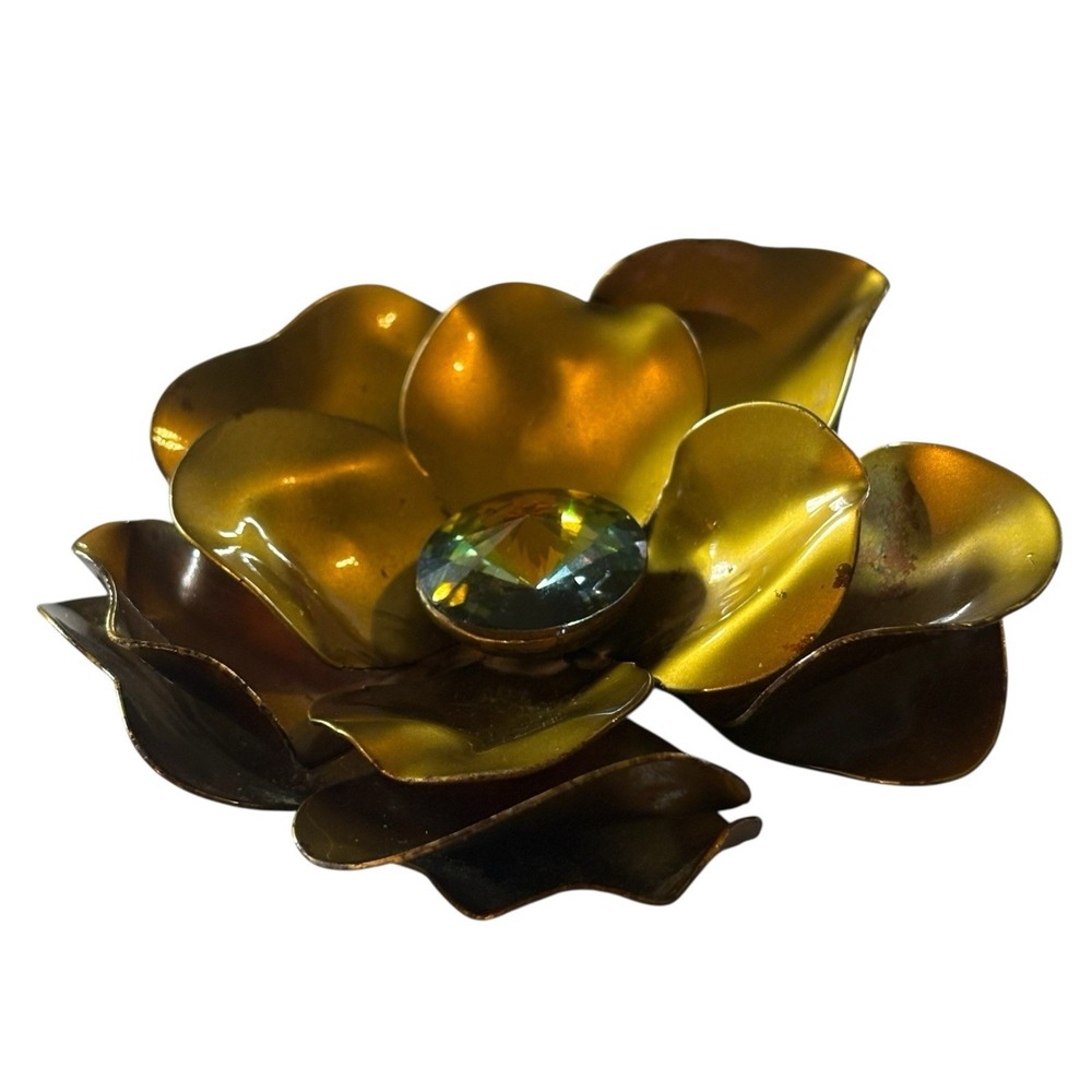 Large Flower Brooch Pin Watermelon Rhinestone Center‎ Brass Tone 3D Vintage READ